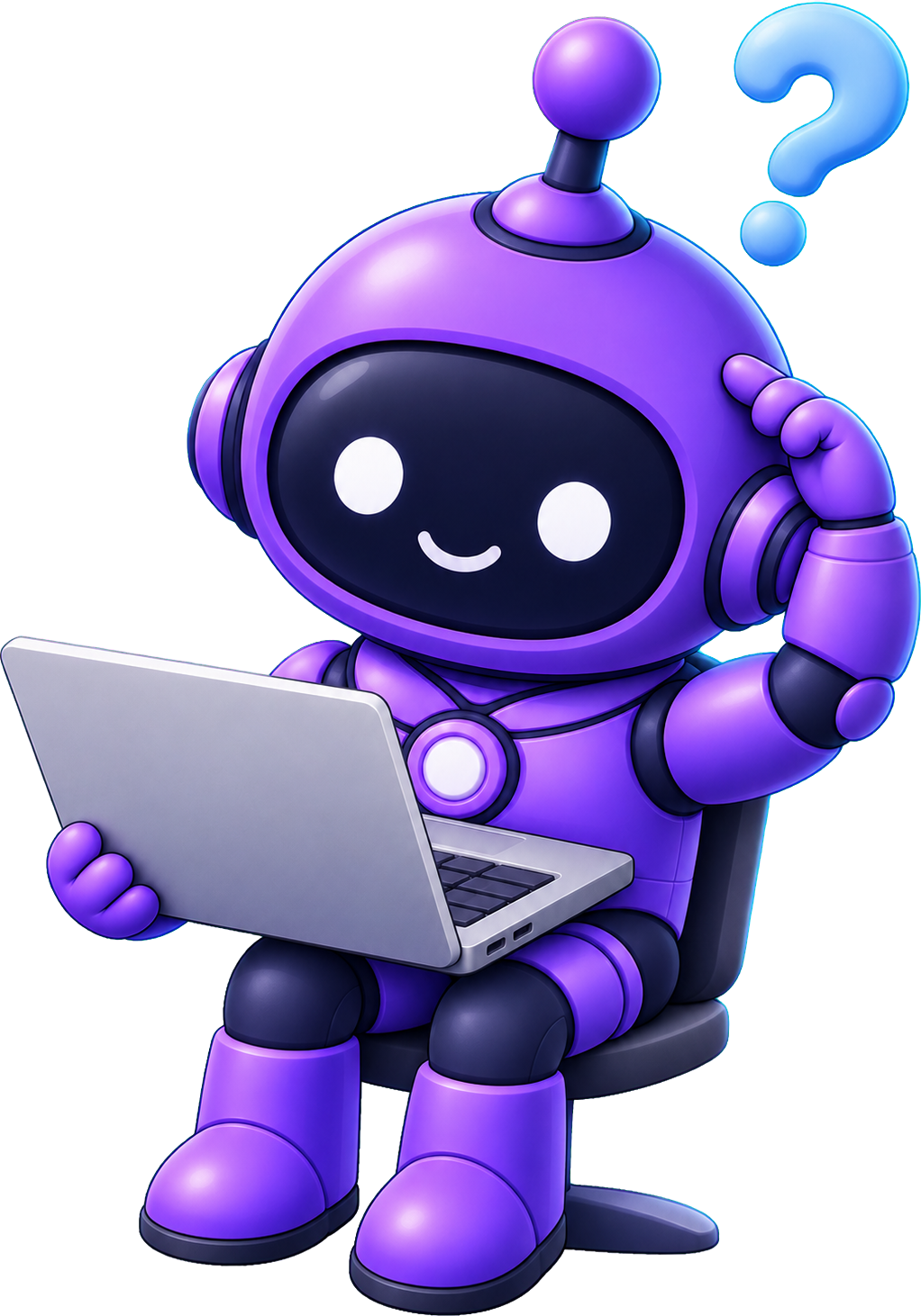 Codiode mascot, a purple robot working at a laptop